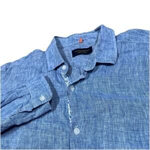 Alessandro Gherardeschi Patrick Assaraf Linen Blue Shirt Floral Trim Sz XL Italy
